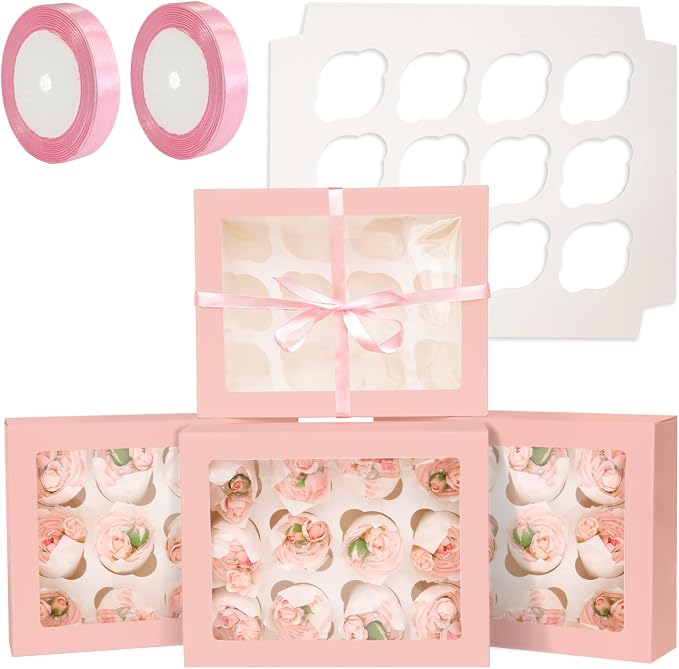 qiqee Auto-pop Up Cupcake Boxes with Window Pink 40PCS 12 Count Cupcake Box 13"x10"x3.5" Cupcakes Carrier, 12 Cupcake Containers with 2 rolls of pink ribbons by Qiqee