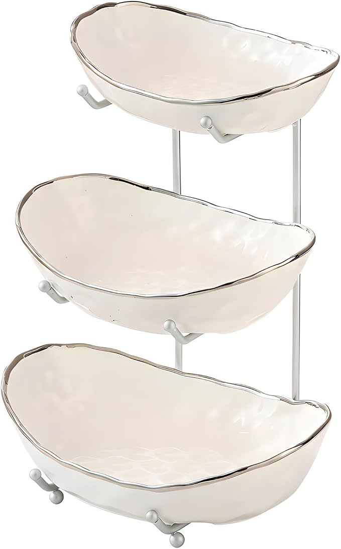 White Fruit Bowl with Silver Metal Stand, 3 Tier Modern Ceramic Fruit Bowl Fruit Rack for Kitchen Counter, Tiered Fruit Basket for Snacks Bread Candy Storage (White B,3 Tier) by MEIGLQEA