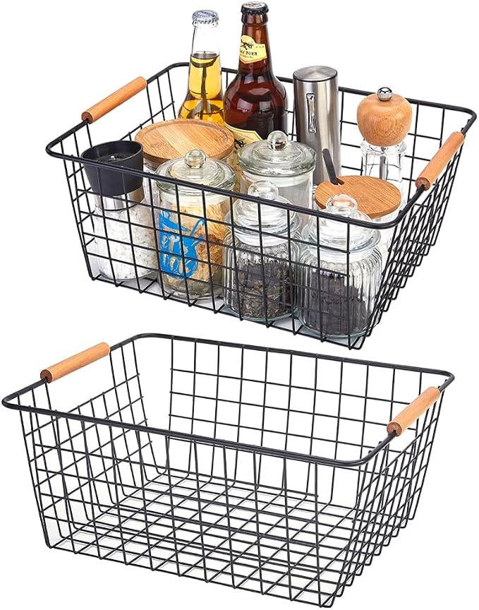 LeleCAT Large black wire basket for Organizing with Wooden Handles,pantry refrigerator organizers and storage,Snack Storage Baskets for Cabinets, Closets, Bedrooms, kitchen -2pack（Black） by HomeSpaceStorageBasket
