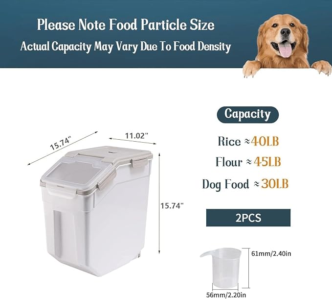 2 Pack 50 lb Airtight Flour Storage Containers with Wheels, Gray | Large Rice Bin with Wheels, Seal Locking Lid, BPA-Free, Includes Measuring Cup & Scoop, Kitchen Organization - Image 2