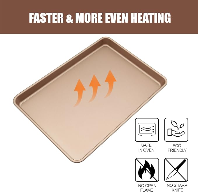 3-Pack Nonstick Carbon Steel Baking Sheet Set | Heavy Duty 0.8mm Cookie Sheets - Large 17.8"x12" & 2 Medium 15.7"x10.8" Commercial Gold Pans for Oven, Roasting & Toaster - Image 6