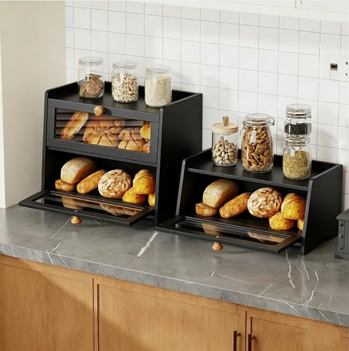 BAMBANG Bread Box for Kitchen Countertop, Extra Large Bamboo Bread Storage Container for Homemade Bread, Double Layer Breadox, Bread Bin Organizer for Counter Cabinet Pantry, Black - Image 2