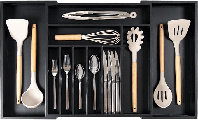 Silverware & Utensil Drawer Organizer, 16-28 in, Black Bamboo | Cutlery, flatware, food-safe contract grade, kitchen drawer fit by KitchenEdge