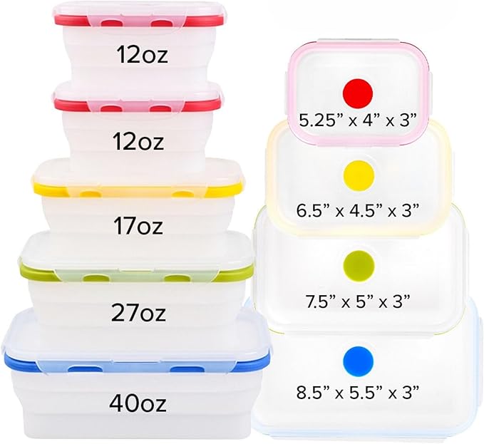 Collapsible Food Storage Containers, 5 Piece, 12-40 oz | Silicone, Airtight Lids, Space-Saving, Reusable Meal Prep, Microwave, Freezer & Dishwasher Safe - Image 3