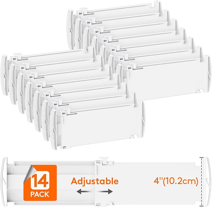 Lifewit 14 Pack 4" High Drawer Divider, Adjustable Drawer Organizer Clothes | 10.5"-16.5" Expandable White Plastic Separators for Dresser, Kitchen, Cabinet, Nursery, Office, Socks & Underwear Storage by Lifewit