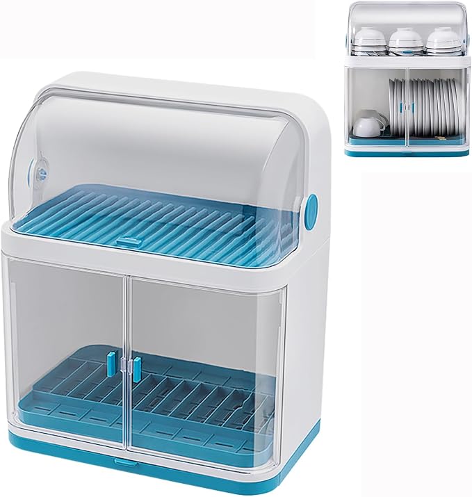 2 Tier Dish Drying Rack with Lid Cover Kitchen Counter Organizer with Drainboard & Cutlery Holder Space Saving for Small Kitchen by Unknown