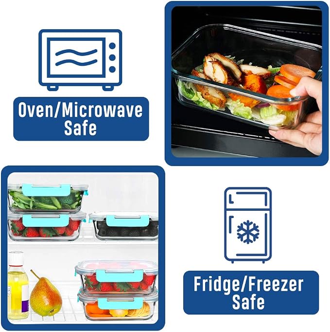 Glass Food Containers Storage Organizers for Kitchen Pantry | BPA Free | Leak Proof | Odor Proof | Stain Resistant | 12 Sets | Freezer and Oven Safe (Blue) - Image 4