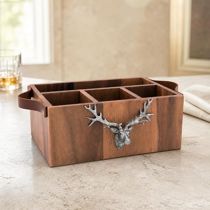 Elk Head Handles Wood Flatware Caddy with Pewter Accents - Rustic Utensil Organizer for Home Decor - 13" Long - Image 3