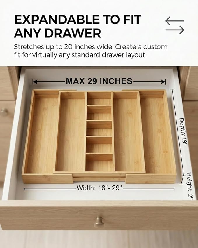 Expandable Bamboo Silverware Drawer Organizer, 5-7 Compartments | Expandable Design, 5-7 Compartments, Dual-Zone Storage, Natural Bamboo Construction, Easy Access Layout - Image 2