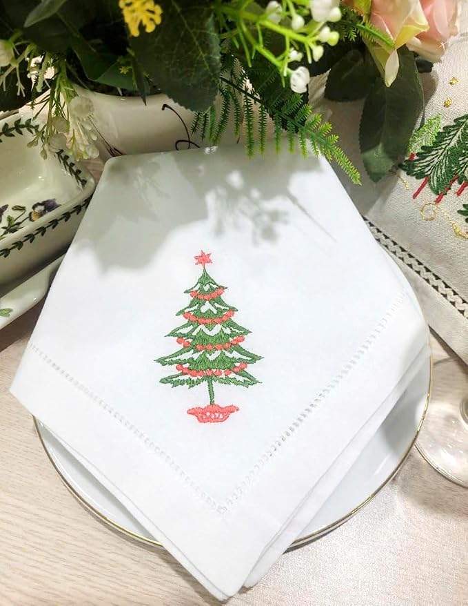 Embroidered Cloth Napkin Christmas Tree Cotton Napkins Set of 6, 20 x 20 Hemstitch Table Napkins, Machine Washable, Daily & Holidays, Great Gift Ideas - Image 8