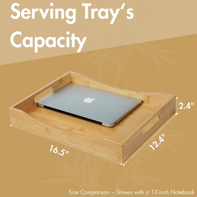 Gobam Bamboo Serving Tray with Handles (16.5-Inch), Solid Decorative Wood Tray for Ottoman Coffee Table, Natural Rectangle Breakfast in Bed Tray for Eating, Food and Drinks Platter - Image 2