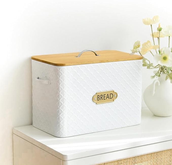 EMAX HOME Extra Large Space Saving Farmhouse Bread Box With Wood Lid - Holds 2 Loaves - Vertical Breadbox Bread Storage Bin Holder for Kitchen Countertop, White - Image 4
