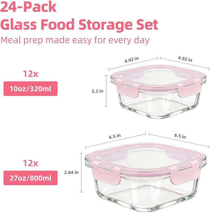 Konokyo Square Glass Food Storage Containers with Lids, 24 Pack Airtight Leakproof Meal Prep Containers, BPA-Free, Microwave Oven Freezer & Dishwasher Safe, Assorted Sizes - Image 3