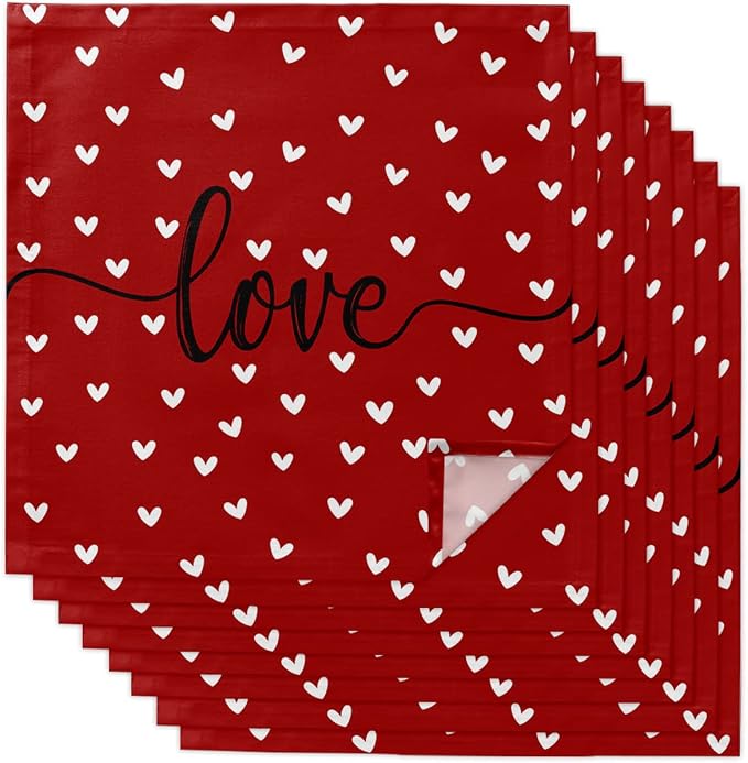 Kitchen Cloth Napkins 8 Pack Reusable Dinner Napkins Valentine's Day White Love Heart Red Texture Polyester Soft Smooth Fabric Table Napkin for Wedding Banquet Party Decoration (20x20 Inches) by T%26H+XHome