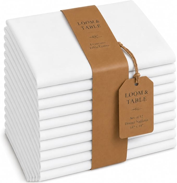 Premium Cotton Napkins by Loom & Table - Set of 12, Elegant, Wrinkle-Resistant, Machine Washable - Luxury Napkin for Dining Room, Weddings, Dinner Parties, Holidays, Birthdays, Everyday Use, 18 x 18 by LoomandTable