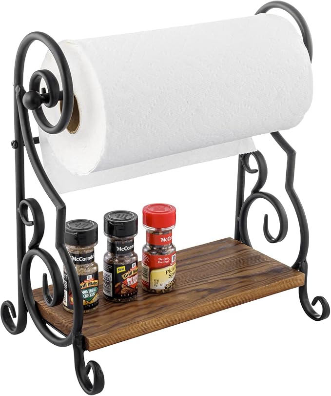 MyGift Black Metal Countertop Paper Towel Holder with Rustic Solid Burnt Wood Storage Shelf and Scrollwork Design, Easy Refill Single Roll Holder by MyGiftHome