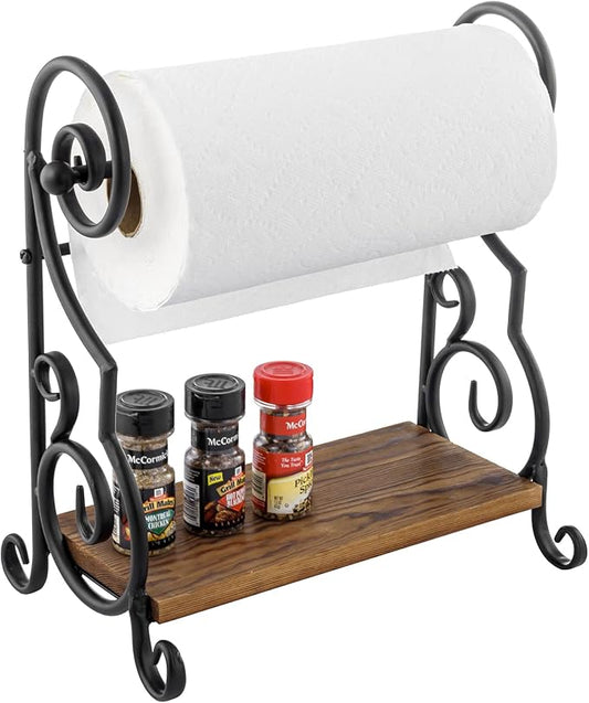 MyGift Black Metal Countertop Paper Towel Holder with Rustic Solid Burnt Wood Storage Shelf and Scrollwork Design, Easy Refill Single Roll Holder by MyGiftHome