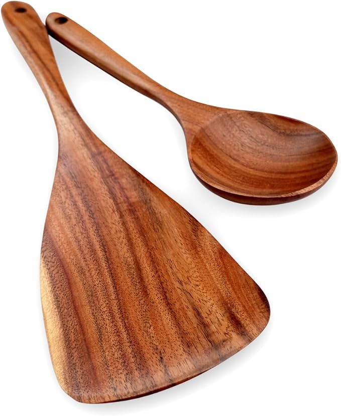 2 Piece Teak Wood Utensils Set– Flat Edge Turner & Serving Spoon – Non Toxic, Dishwasher Safe, Plastic Free Wooden Spatulas for Nonstick Pans – Essential Kitchen Utensils for Cooking" - Image 2