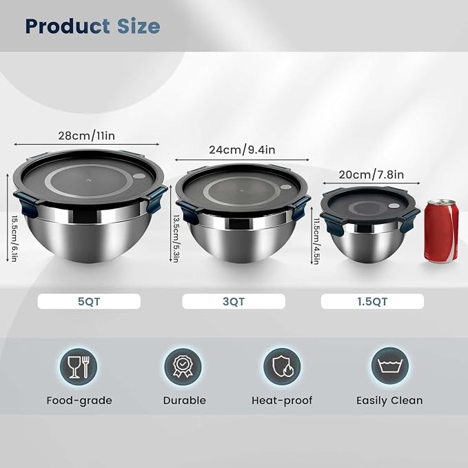 Daily Treasures Mixing Bowls with Airtight Clear Lids Set of 3,Thicker Stainless Steel Mixing Bowl Set,Nesting Bowls for Cooking, Prepping, Baking, Serving & Food Storage, Size 5, 3, 1.5QT - Image 4
