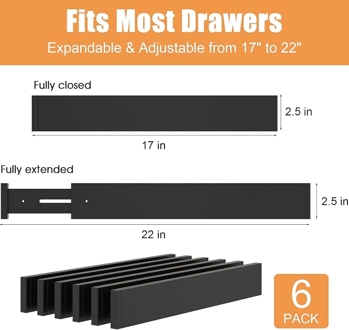 Bamboo Drawer Dividers, Adjustable Drawer Organizers, Fits 17.6–21" Drawers | 2.5" High, 6 Pack Expandable Drawer Separators for Kitchen, Nursery, Dressers & Office Storage, Black - Image 3