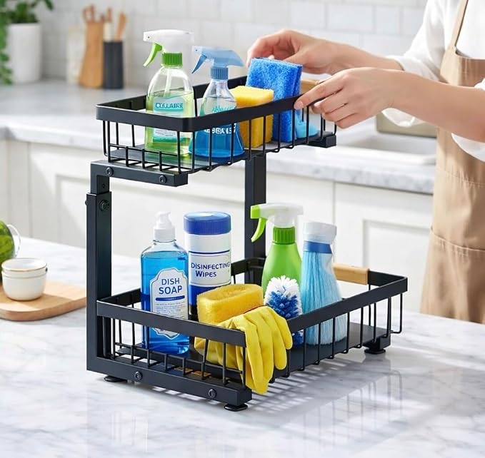 Lumela Under Sink Organizer, 2-Tier Slide-Out Cabinet Organizer Shelf, Height Adjustable Metal Pull-Out Storage Rack with Wood Handle for Kitchen & Bathroom Cabinets (Black) - Image 7