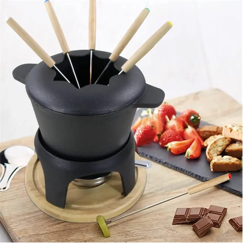 Traditional Fondue Set Matte black enameled cast iron fondue for Taditional swiss fondue 12 pcs fondue pot. for Meat, Chocolate & Cheese, Cast Iron Chocolate Fondue Pot 6 Pers Iron cast iron pot