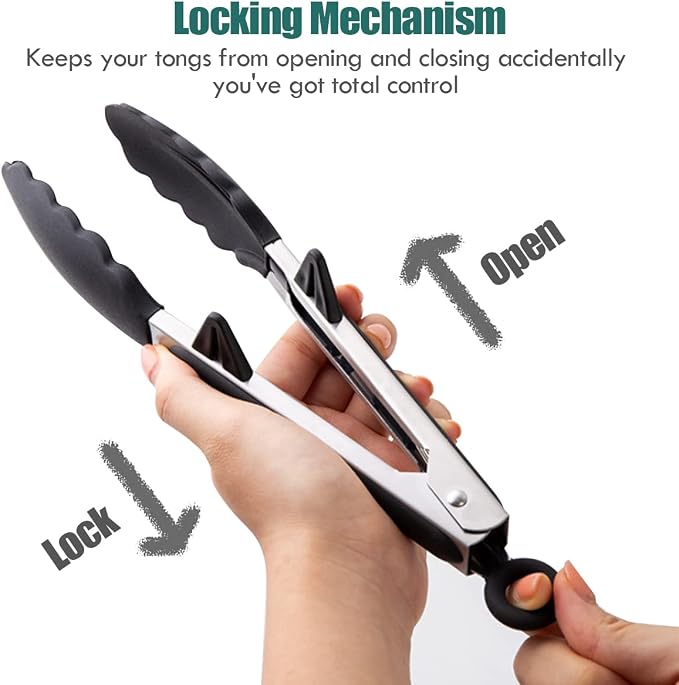3 Pack Black Silicone Kitchen Cooking Tongs Set, Stainless Steel Nonstick Food Tong with BPA Free Silicone Tips for Serving Pasta Spaghetti Steak Pie Pizza Salad Vegetable Fruit Grilling BBQ - Image 3
