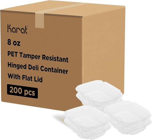 Karat 8oz PET Tamper Resistant Hinged Deli Container [200 ct] - Plastic Clamshell Food Containers, Easy Open Pull-Tab for Restaurants & Takeout by Karat