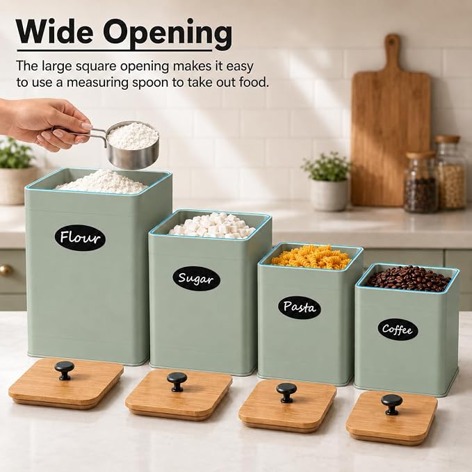 Kitchen Canisters Sets of 4 - Metal Flour Sugar Storage Containers Set for Countertop with Airtight Lids, Coffee Tea Sage Green Canister Set with Customizable Chalkboard Labels & Marker Pen - Image 7
