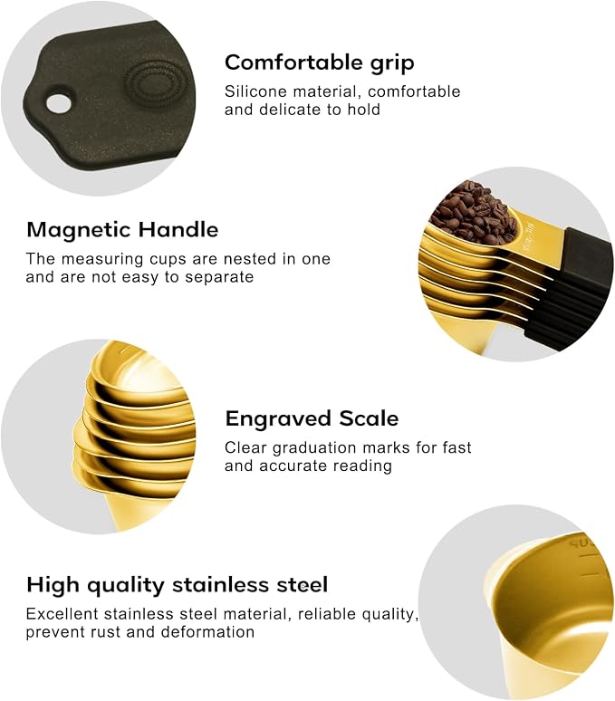 Magnetic Measuring Cups and Spoons Set, Including 7 Stainless Steel Nesting Gold Measuring Cups & 8 Magnetic Gold Measuring Spoons with 1 Leveler for Cooking & Baking - Image 3