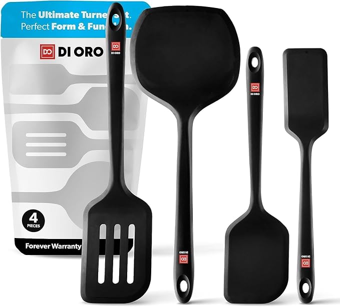 DI ORO Silicone Turner Spatula Set - Kitchen Spatulas for Nonstick Cookware - Cooking Utensils for Flipping Eggs & Pancakes - 600°F Heat-Resistant BPA Free Turners - Dishwasher Safe (4pc, Black) by DIORO