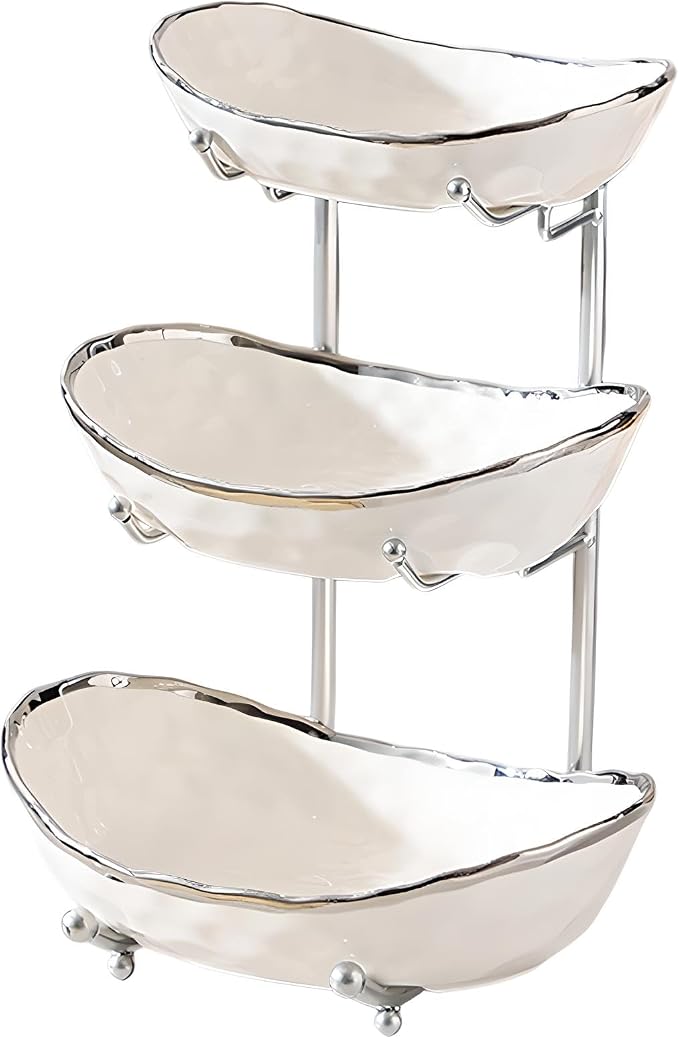 XUDREZ 3 Tier Fruit Bowl with Metal Stand for Kitchen Counter, Ceramic White Gold Silver, Tiered Fruit Basket for Nuts, Snacks, Bread, Candy Storage (White B) by XUDREZ