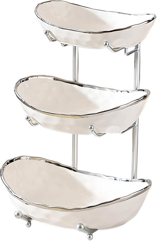 XUDREZ 3 Tier Fruit Bowl with Metal Stand for Kitchen Counter, Ceramic White Gold Silver, Tiered Fruit Basket for Nuts, Snacks, Bread, Candy Storage (White B) by XUDREZ
