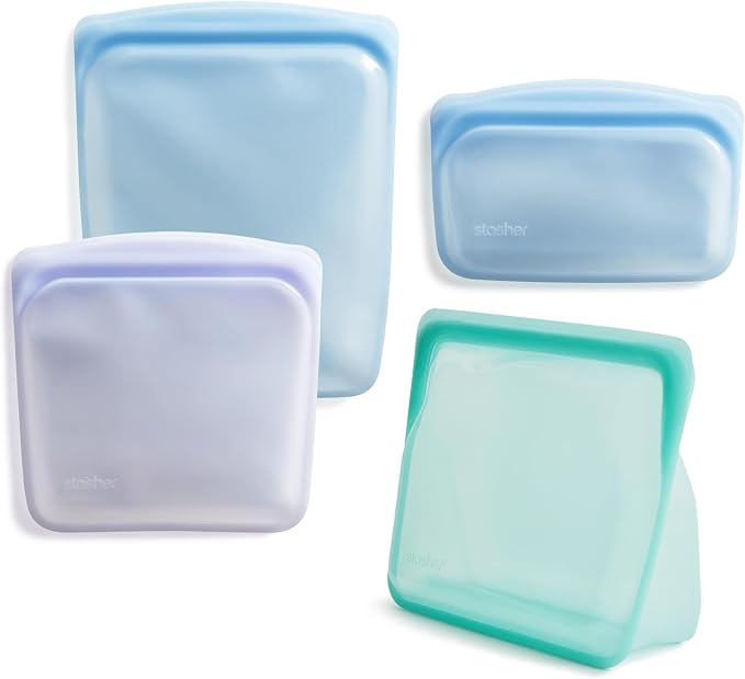 Stasher Premium Reusable Silicone Food Storage Bags, 4-Pack, Multicolor | Food-Safe Silicone, BPA-Free, Leak-Free, Eco-Friendly, Dishwasher, Lunch Bag, Travel Containers, Meal Prep, Lunch, Travel by Stasher