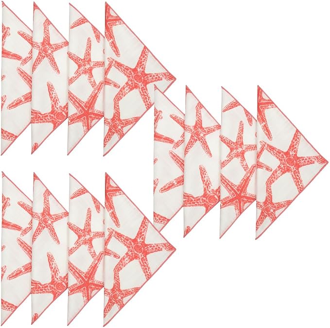 Cloth Napkins 100% Cotton Fabric Linen Napkin for Beach Wedding Reception Table Decor, Party Ideas, Coral Red Starfish Coastal Tablescapes 18" x 18" Dinner, Set of 12 by DECORATIVETHINGS