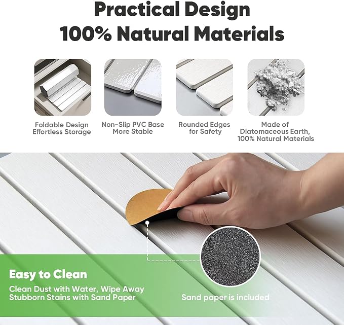 Stone Drying Mat for Kitchen Counter, Quick Diatomaceous Earth Mats for Dishes, 24"L x 16" W Super Absorbent Fast-Drying Collapsible Countertop Stone Mat (White, 24" x 16") - Image 3