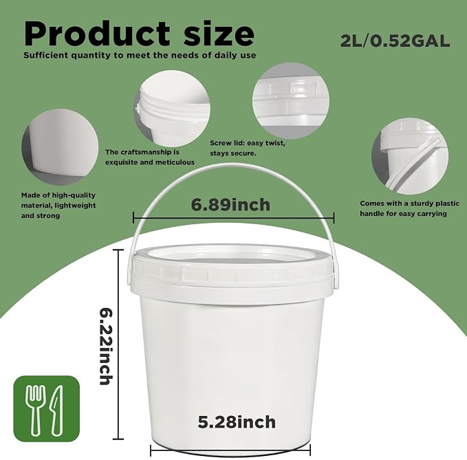 4 Pack 64oz Plastic Buckets with Screw Lids & Handle, Food Grade Storage Containers for Kitchen, Freezer - Reusable White Plastic Bucket Set - Image 2