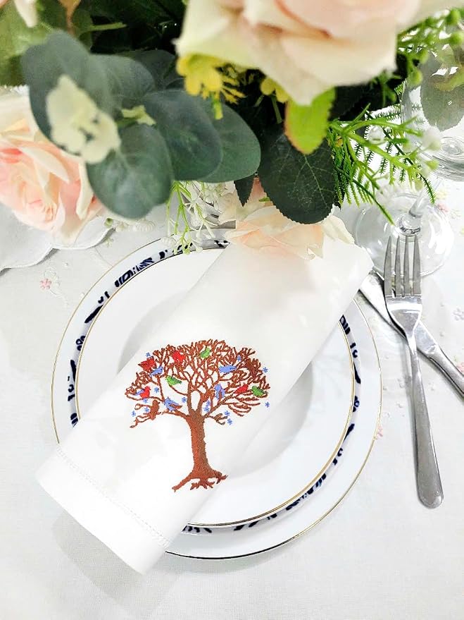 Embroidered Cotton Napkins with Tree of Life and Birds. Set of 6, 18"x18" White Table Napkins, Hemstitch Dinner, Party Napkins for Daily & Holidays, Events - Image 6