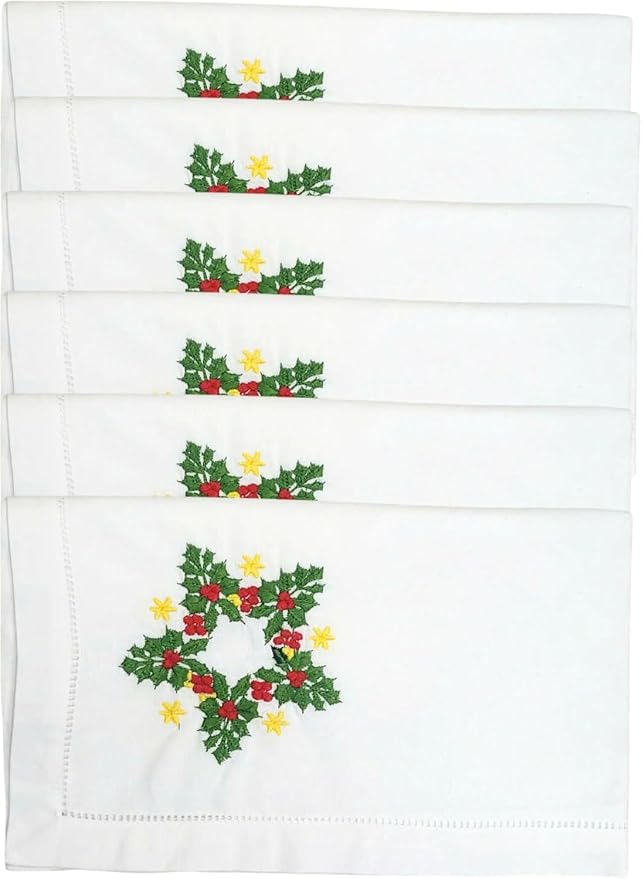 Embroidered Cloth Napkin Holly Star Christmas Cotton Napkins Set of 6, 20 x 20 Hemstitch Table Napkins, Machine Washable, Daily & Holidays, Great Gift Ideas by Unknown