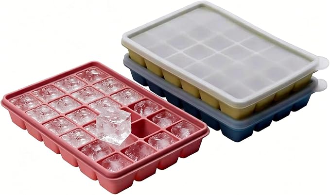 Silicone Ice Cube Trays with Lid, Set of 3, Easy Release Ice Molds, Reusable and Stackable Ice Trays for Freezer for Cocktail, Whiskey, Baby Food, BPA Free (Multicolour 3 Pack) by Vrykiin