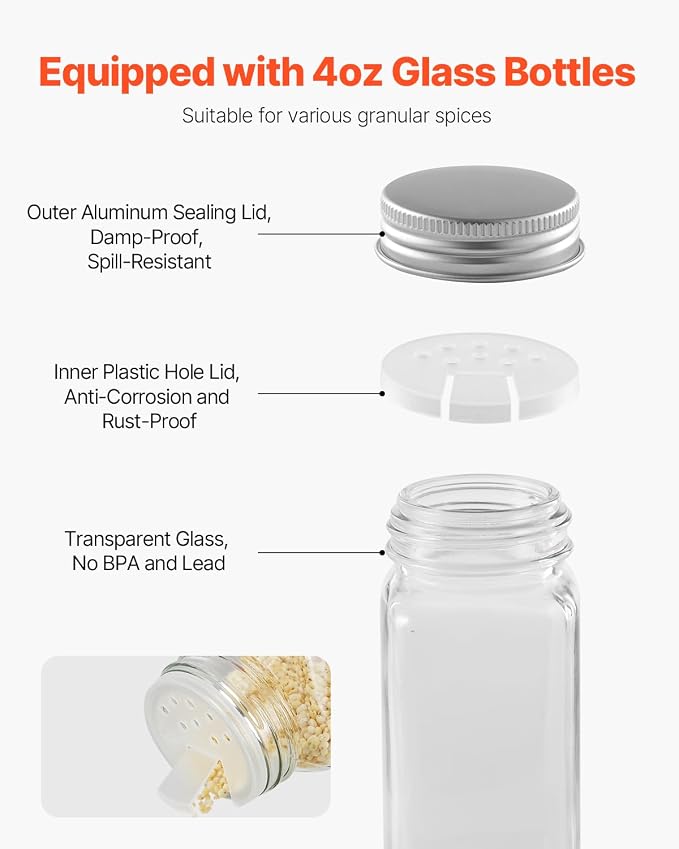 VEVOR Spice Rack Organizer for Cabinet, Spice Organizer with 36 Empty Spice Jars, Lids, Spice Labels, and Funnel Complete Set, Seasoning Organizer for Countertop, Kitchen, Pantry, Cupboard, 18x11 in - Image 3
