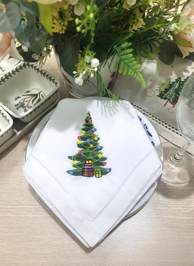 – Embroidered Cloth Napkin Christmas Tree Cotton Napkins Set of 6, 20 x 20”, Hemstitch Table Napkins, Machine Washable, Daily & Holidays, Great Gift Ideas - Image 5