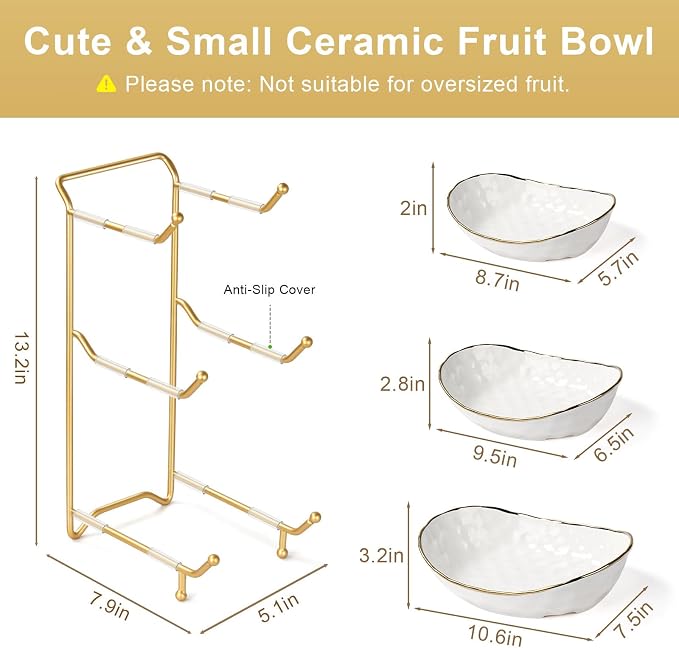 Ceramic Fruit Bowl for Kitchen Counter, Fruit Basket with Metal Stand, Tiered Fruit Rack for Countertop, Modern Serving Bowl for Party Dessert, Vegetable, Snack - Image 2