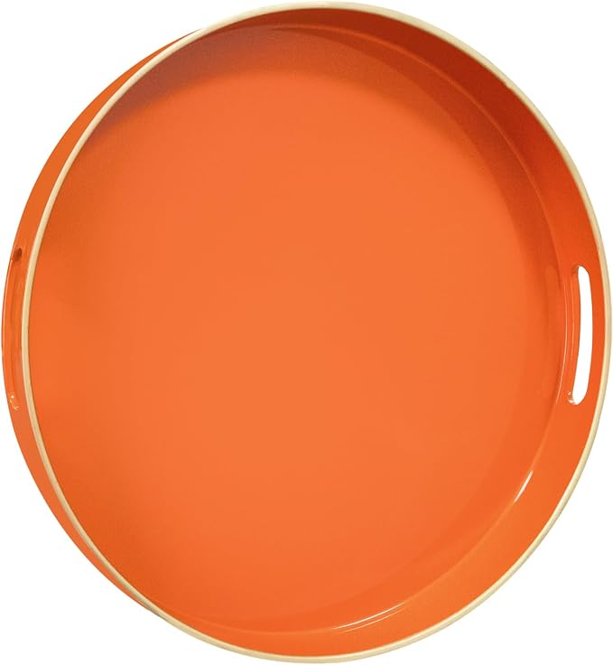 13" Orange Decorative Tray, Plastic Round Serving Tray with Handles | Decorative Tray for Coffee Table, Modern Ottoman Tray, Circle Tea Tray, Round Melamine Tray for Living Room, Bathroom by MAONAME