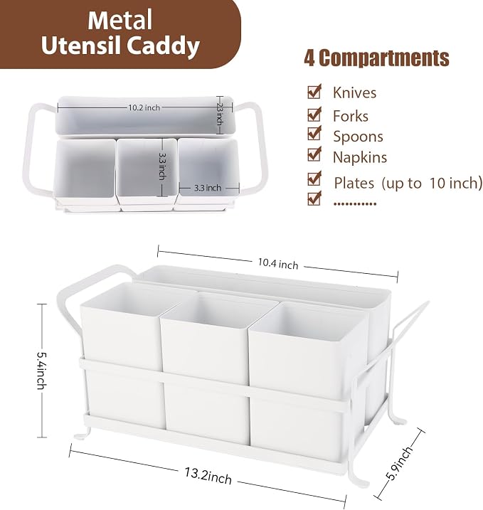 Silverware Caddy Metal Utensil Holder for Party Countertop Silverware Utensil Caddy Cutlery Flatware Organizer for Spoons Forks Plates Napkins White - Image 3
