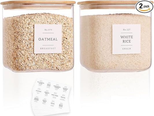 2 Pack Square Glass Flour and Sugar Containers with 132 Kitchen Pantry Labels - Thicken 85 FL OZ Large Glass Storage Jars with Airtight Bamboo Lid - Big Food Canisters for Cookies, Candy, Tea, Coffee by CZZGSM