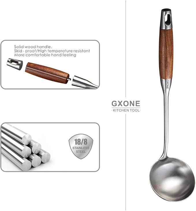 Soup Ladle,304 Stainless Steel Cooking Ladle with Wooden Handle,14.6Inch | Large soup ladle,cooking spoon for wok,for serving soups and stew - Image 3