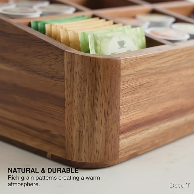 Dstuff Acacia Wood Coffee Station Organizer for Countertop, Tea Organizer and Holder, Coffee Bar Caddy with Multiple Compartments for Home and Office Decor - Image 8