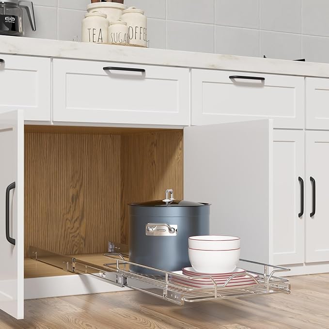 OCG Pull Out Cabinet Organizer 2 Pack (21" W x 21" D), Pull out Shelves 1 Tier, Cabinet Slide Out Shelves for Base Cabinet Organization in Kitchen Bathroom Pantry, Bottom Mount, Chrome Finish - Image 3