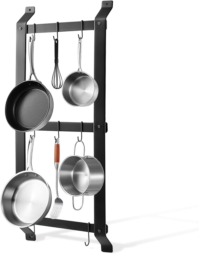37” Pot and Pan Hanging Rack Wall Mounted, 3 Tier Iron Vertical Hanging Pan Organizer Shelf with 8 S Hooks Hanger for Kitchen Utensils, Space Saving Storage for Cookware by Unknown